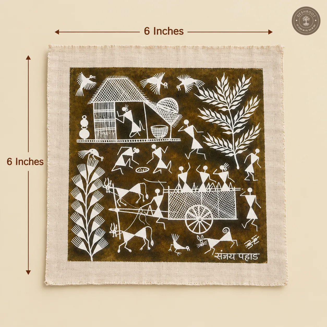 Warli Village Life with Bullock Cart – Handmade Painting on Manjarpat Cloth