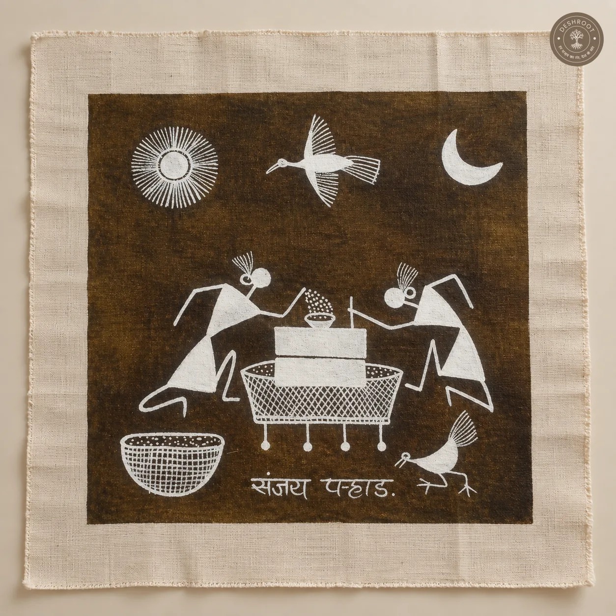 Traditional Warli Harvest Scene – Handmade Painting on Manjarpat Cloth