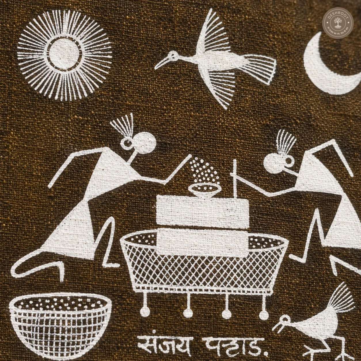 Traditional Warli Harvest Scene – Handmade Painting on Manjarpat Cloth
