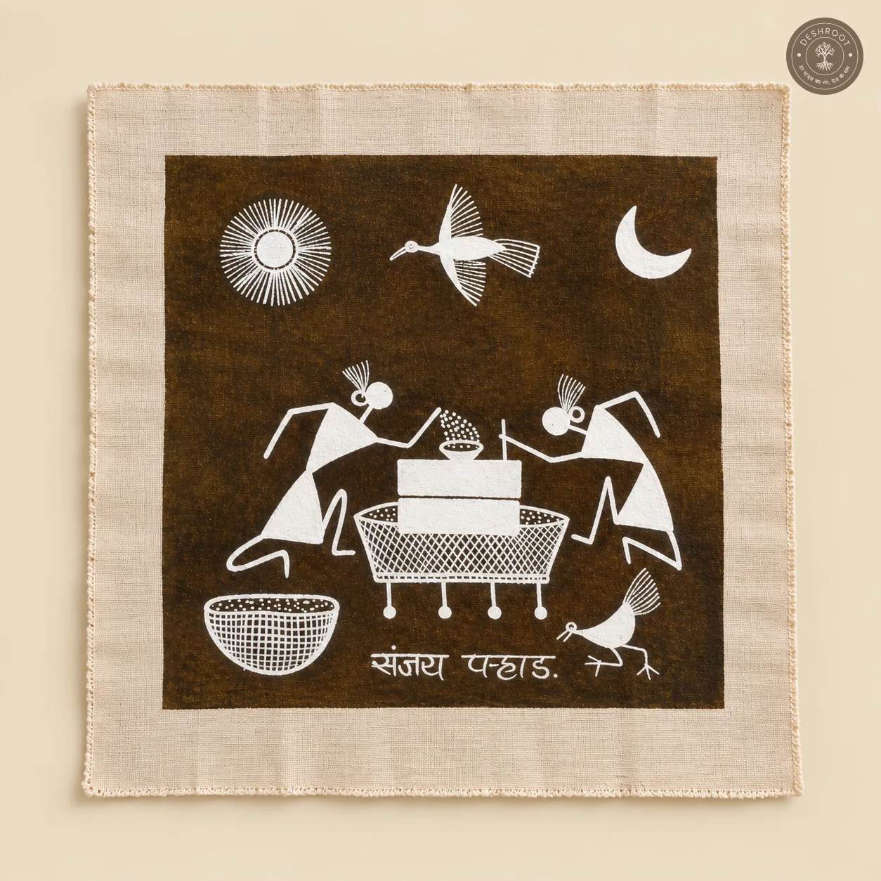 Traditional Warli Harvest Scene – Handmade Painting on Manjarpat Cloth