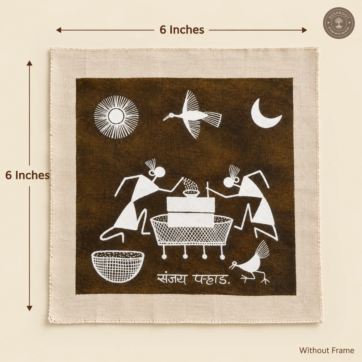 Traditional Warli Harvest Scene – Handmade Painting on Manjarpat Cloth