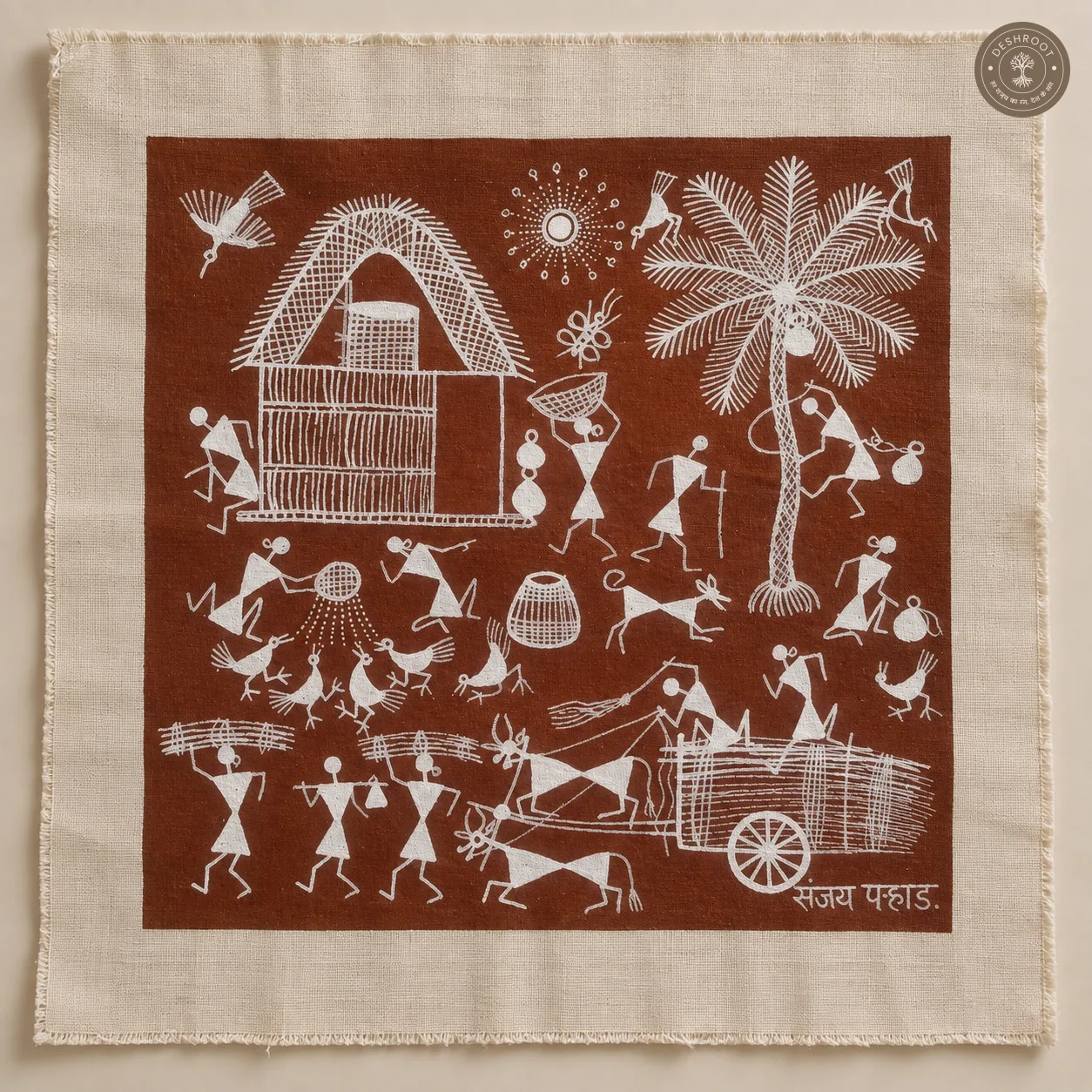 Warli Village & Farming Scene with Bullock Cart – Handmade Painting on Manjarpat Cloth