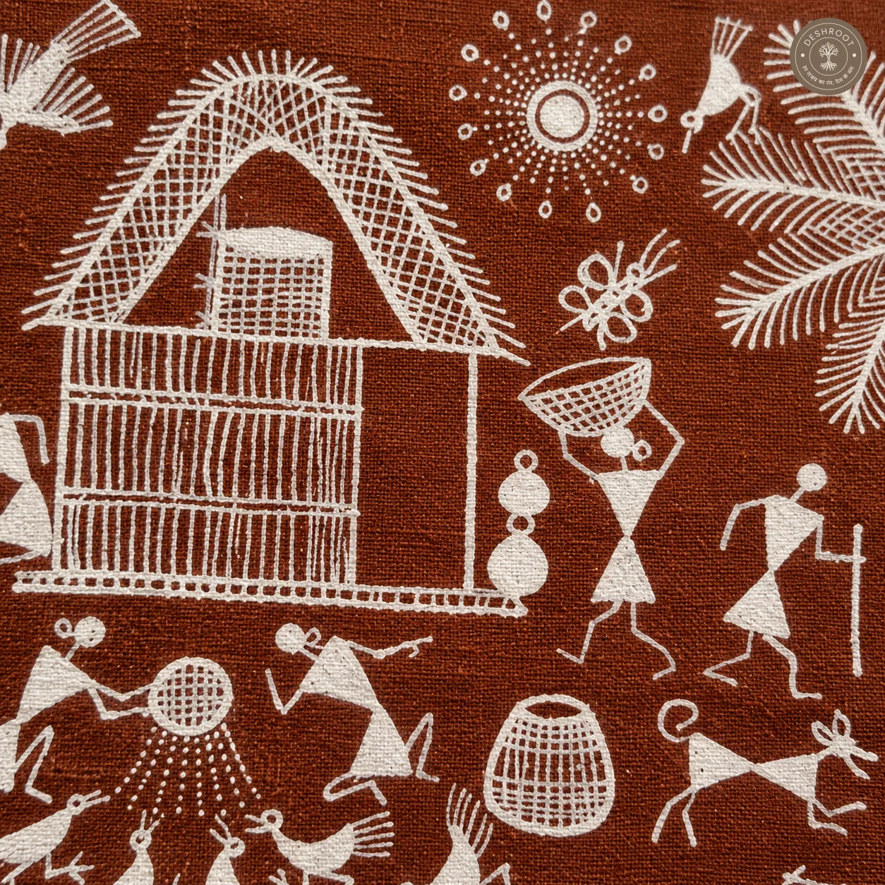 Warli Village & Farming Scene with Bullock Cart – Handmade Painting on Manjarpat Cloth