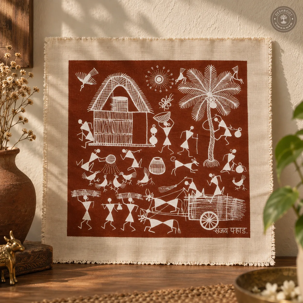 Warli Village & Farming Scene with Bullock Cart – Handmade Painting on Manjarpat Cloth