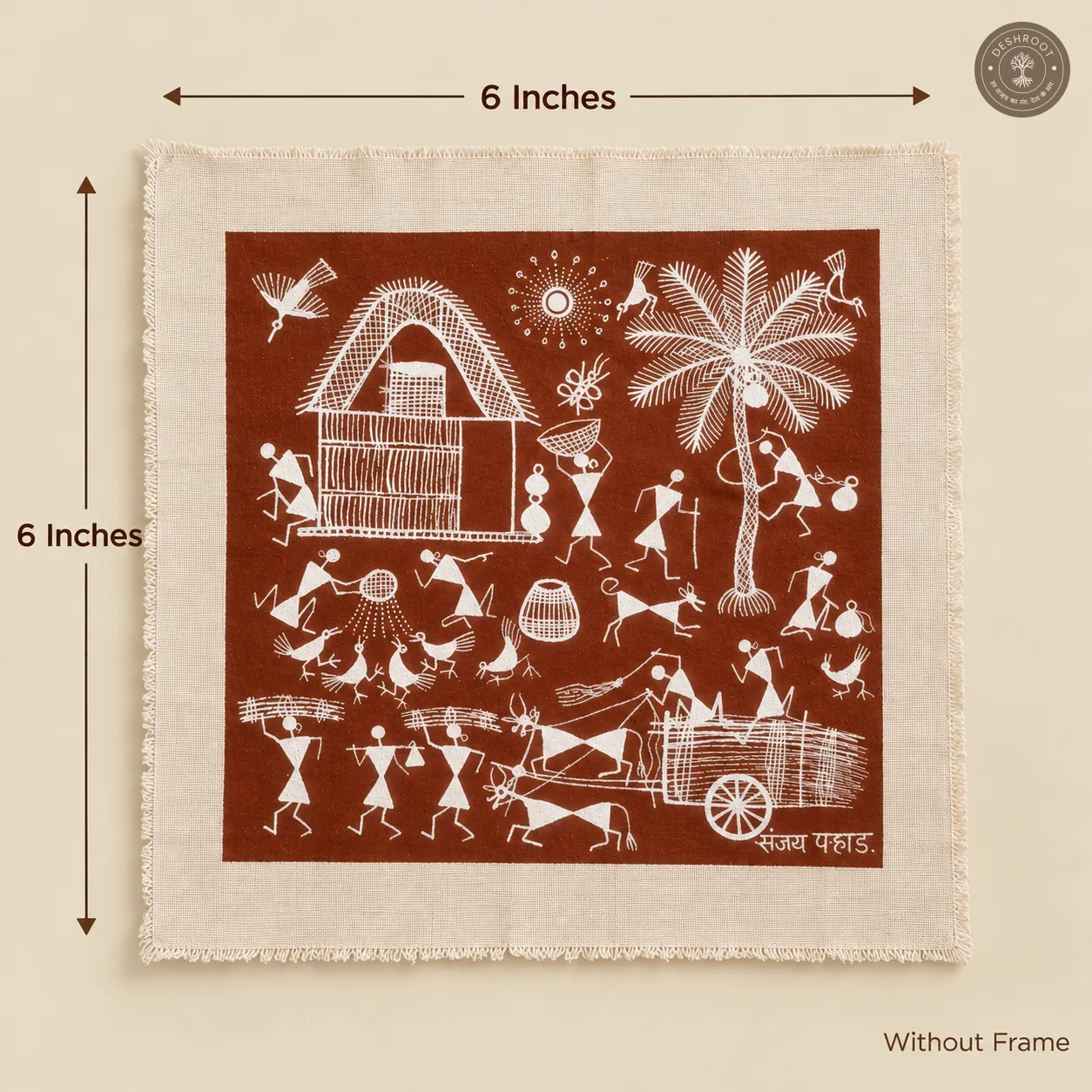 Warli Village & Farming Scene with Bullock Cart – Handmade Painting on Manjarpat Cloth
