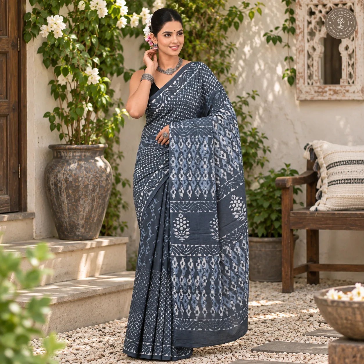 Indigo Grey Patchwork Hand Block Printed Mal Cotton Saree