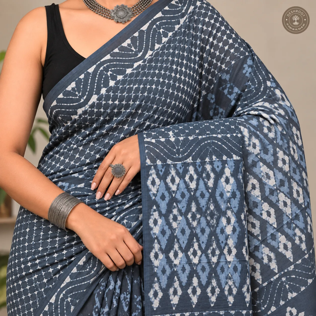 Indigo Grey Patchwork Hand Block Printed Mal Cotton Saree