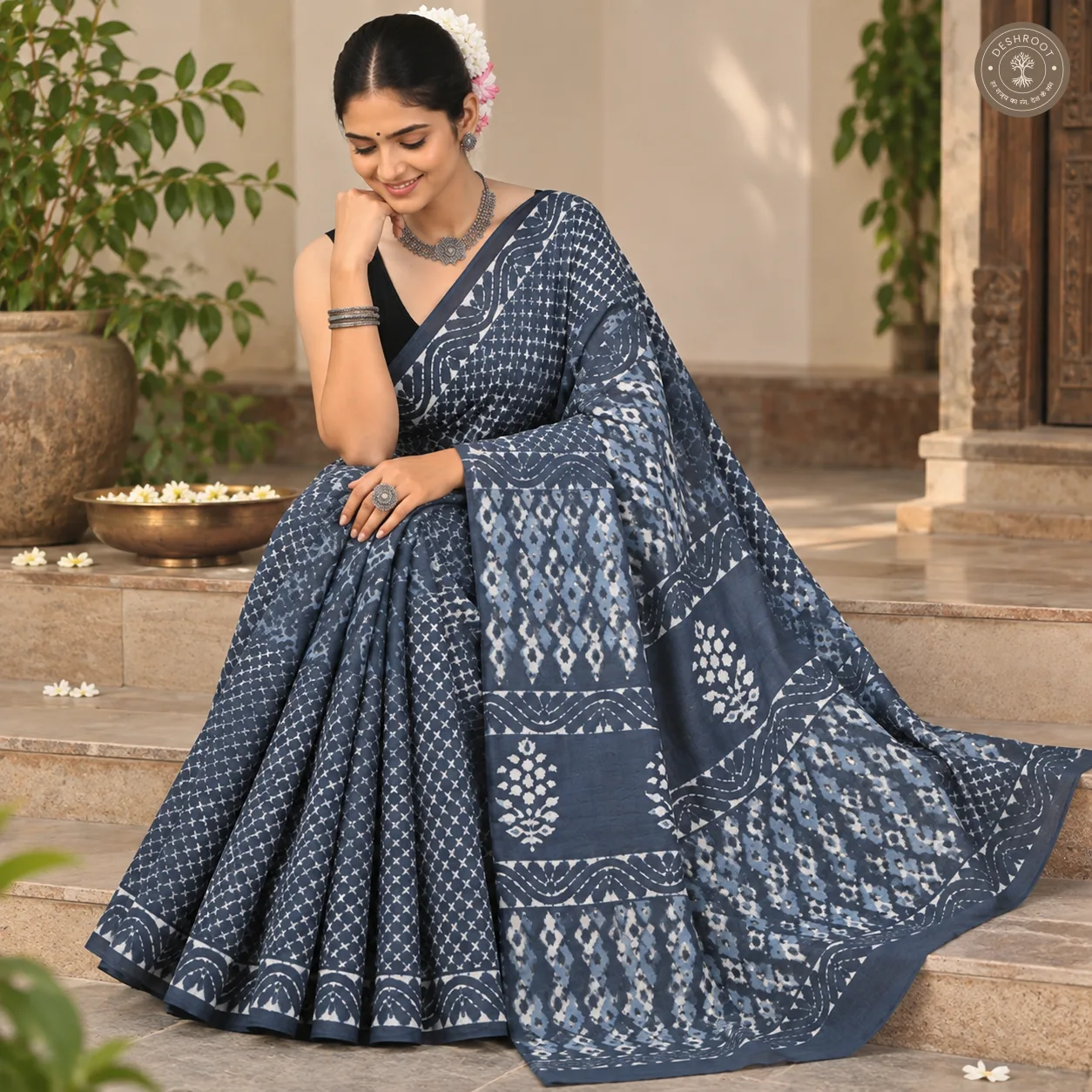 Indigo Grey Patchwork Hand Block Printed Mal Cotton Saree