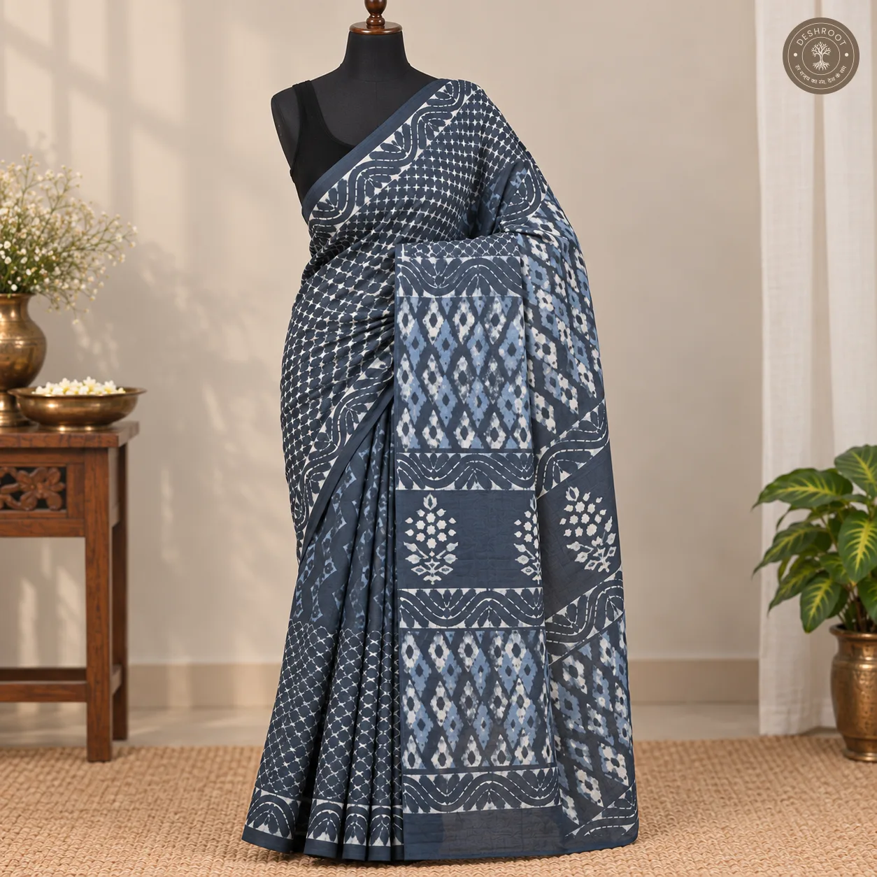 Indigo Grey Patchwork Hand Block Printed Mal Cotton Saree