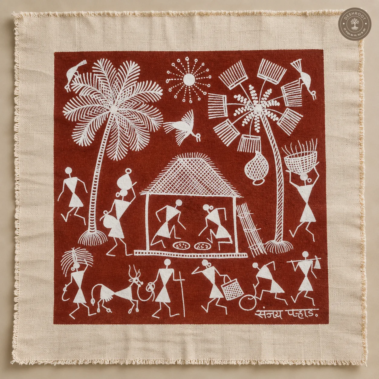 Warli Village Life & Farming Scene with Palm Trees – Handmade Painting on Manjarpat Cloth