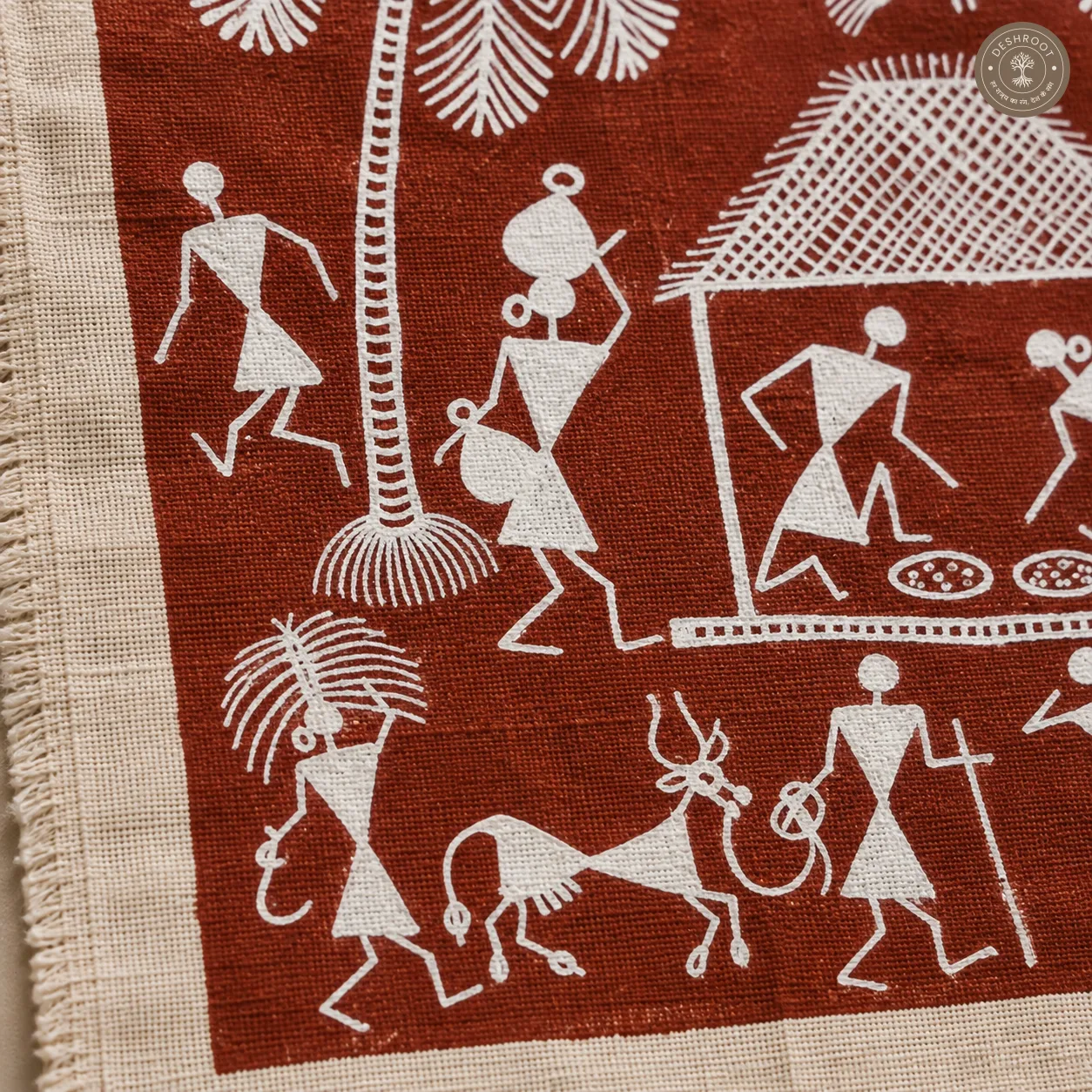Warli Village Life & Farming Scene with Palm Trees – Handmade Painting on Manjarpat Cloth