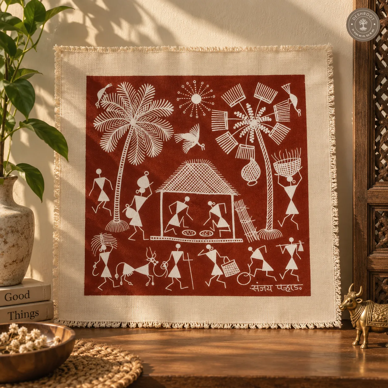 Warli Village Life & Farming Scene with Palm Trees – Handmade Painting on Manjarpat Cloth