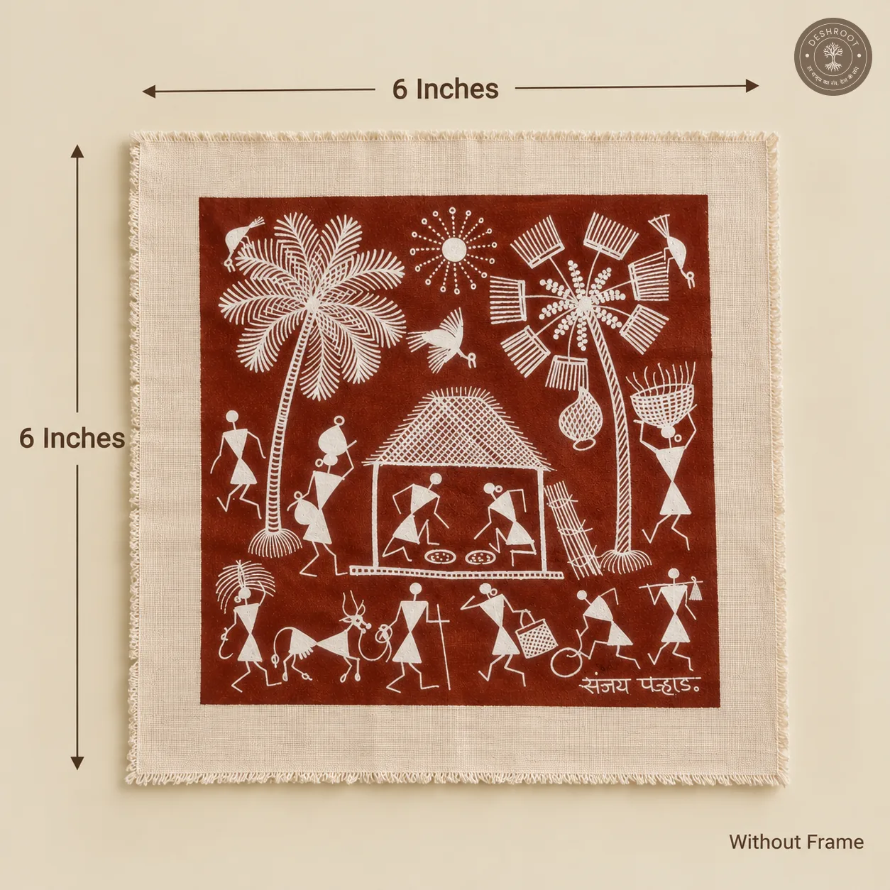 Warli Village Life & Farming Scene with Palm Trees – Handmade Painting on Manjarpat Cloth