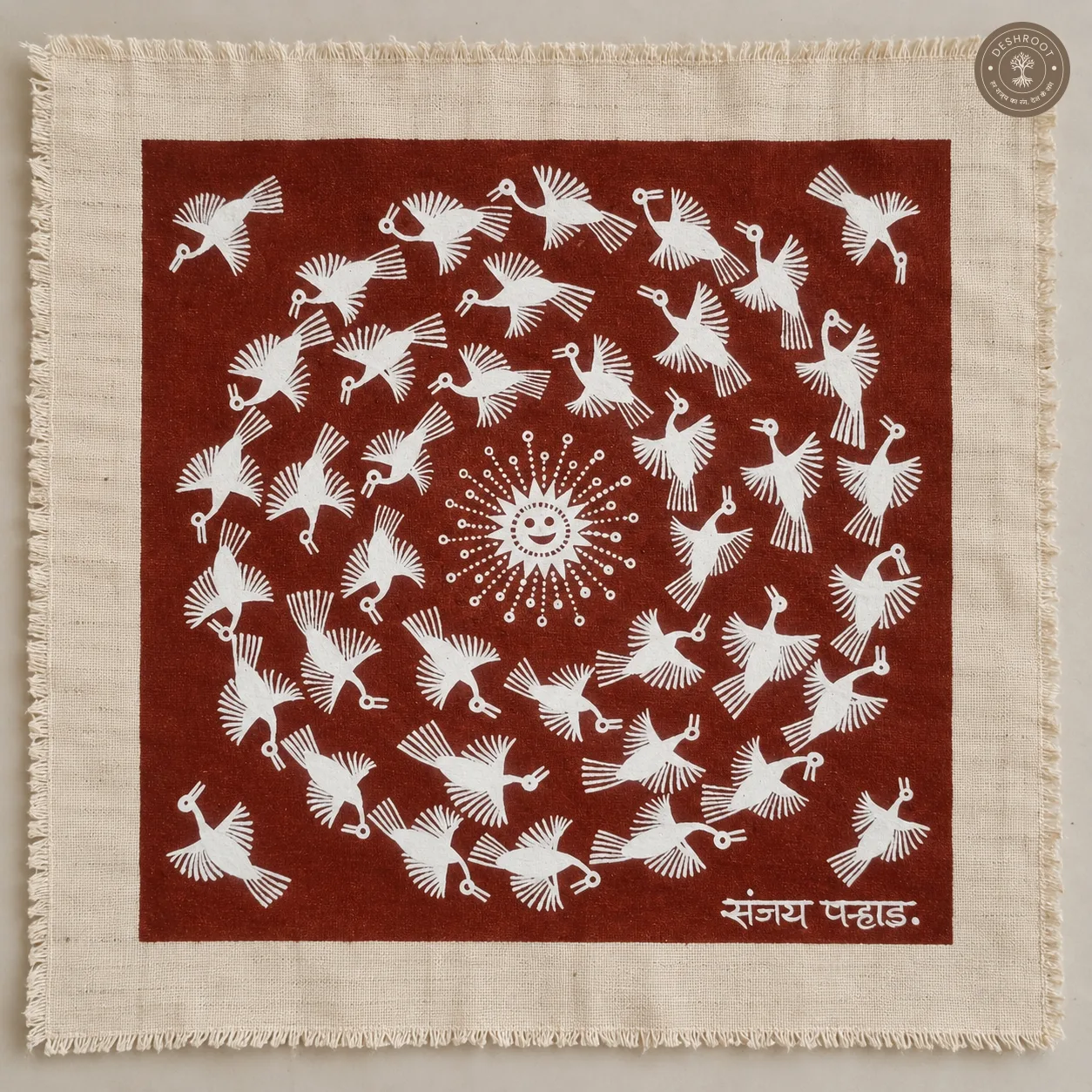 Warli Birds Around the Sun – Handmade Tribal Painting on Manjarpat Cloth