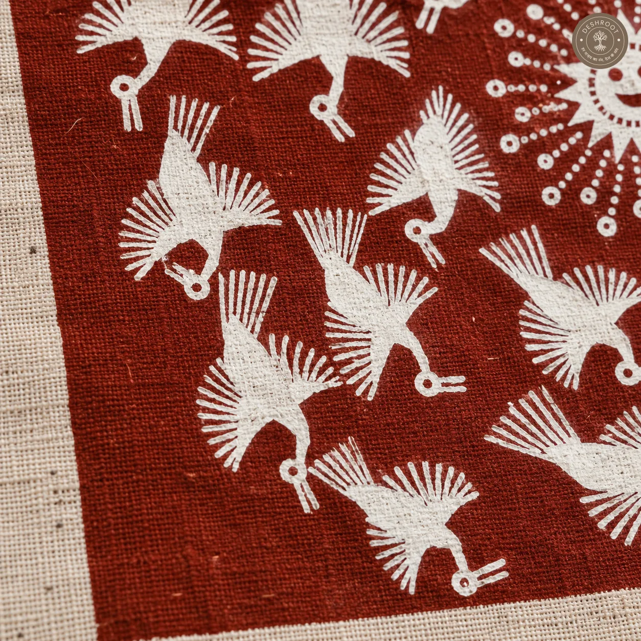 Warli Birds Around the Sun – Handmade Tribal Painting on Manjarpat Cloth