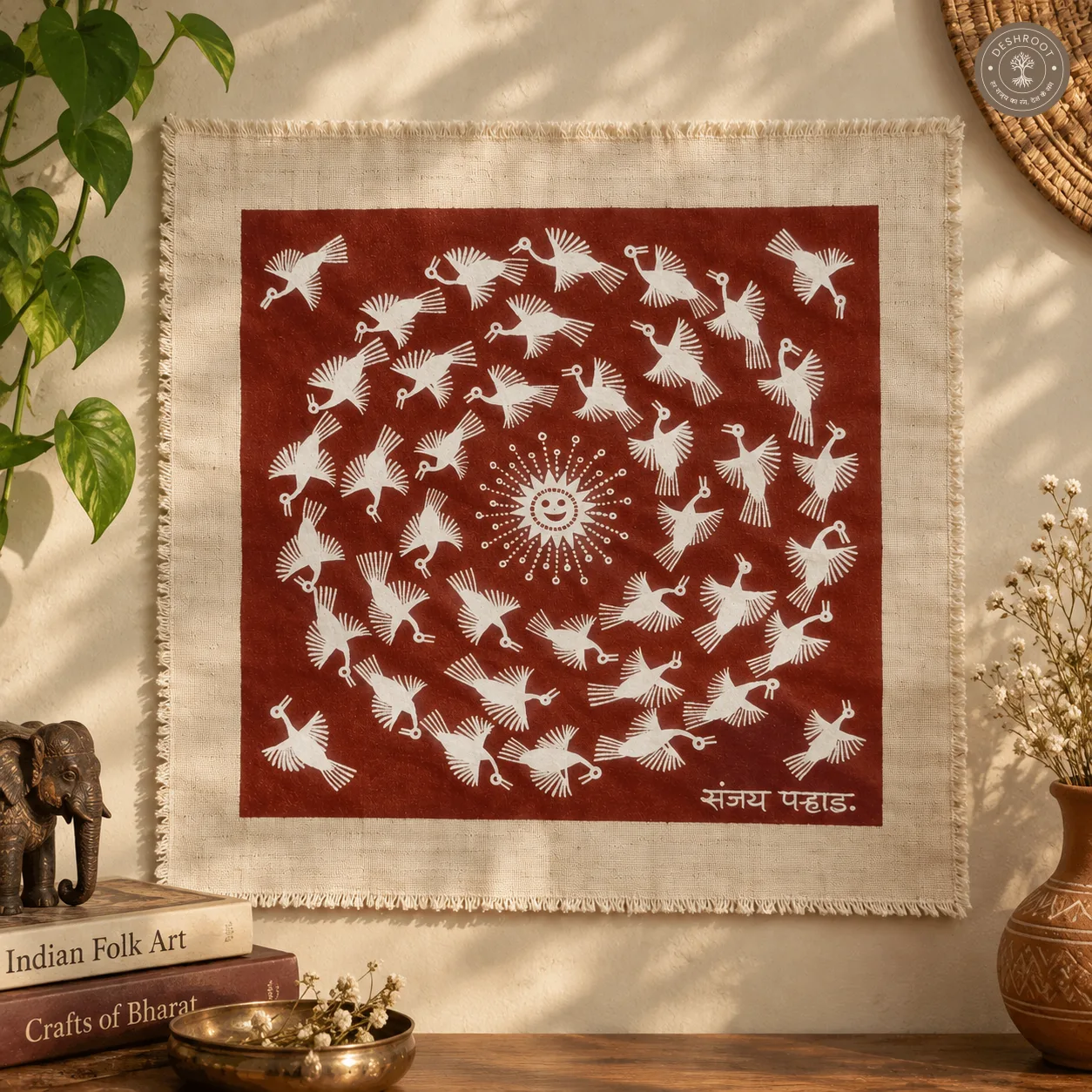 Warli Birds Around the Sun – Handmade Tribal Painting on Manjarpat Cloth