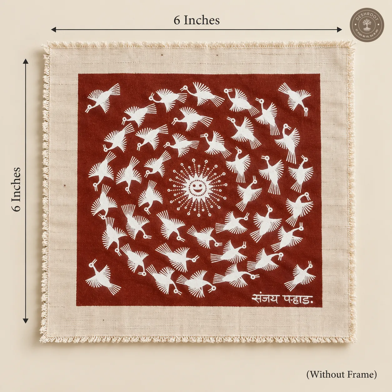 Warli Birds Around the Sun – Handmade Tribal Painting on Manjarpat Cloth