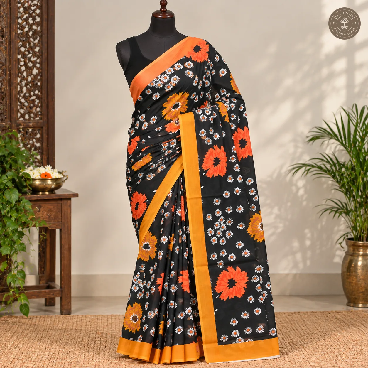 Sunburst Daisy Hand Block Printed Mal Cotton Saree