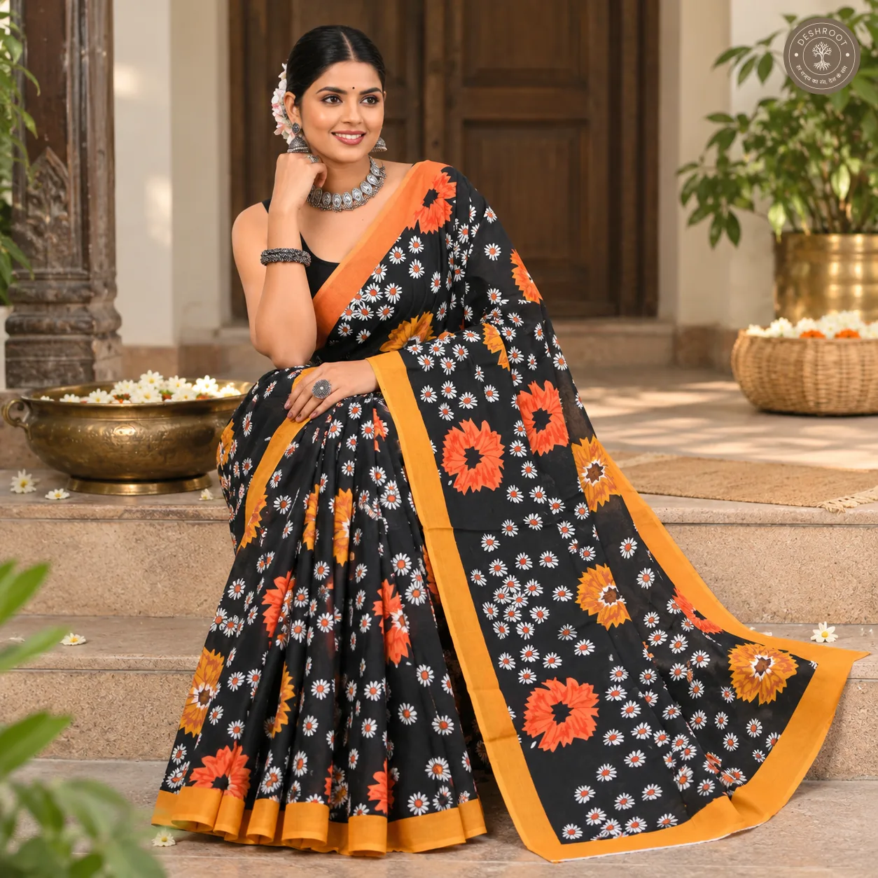 Sunburst Daisy Hand Block Printed Mal Cotton Saree