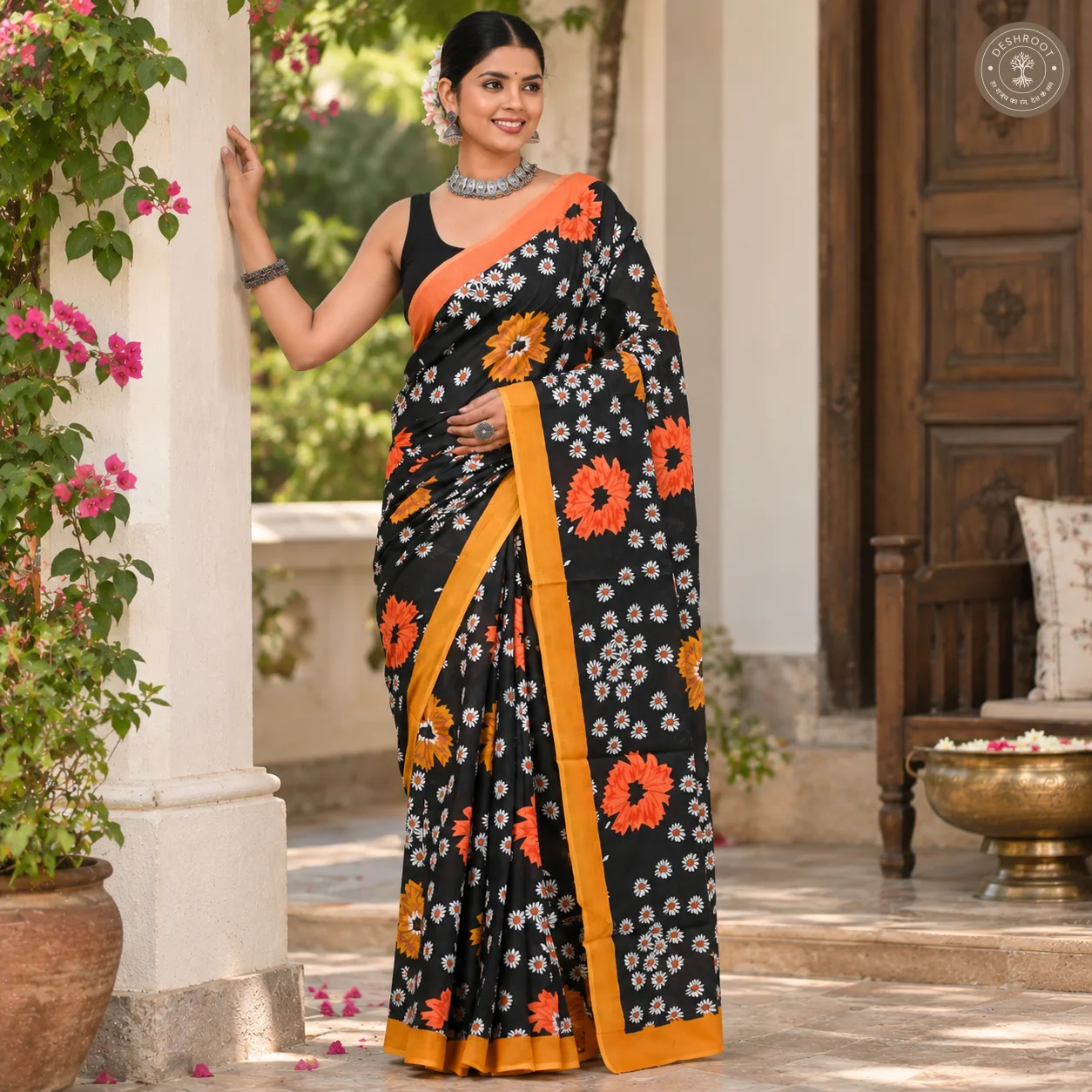Sunburst Daisy Hand Block Printed Mal Cotton Saree