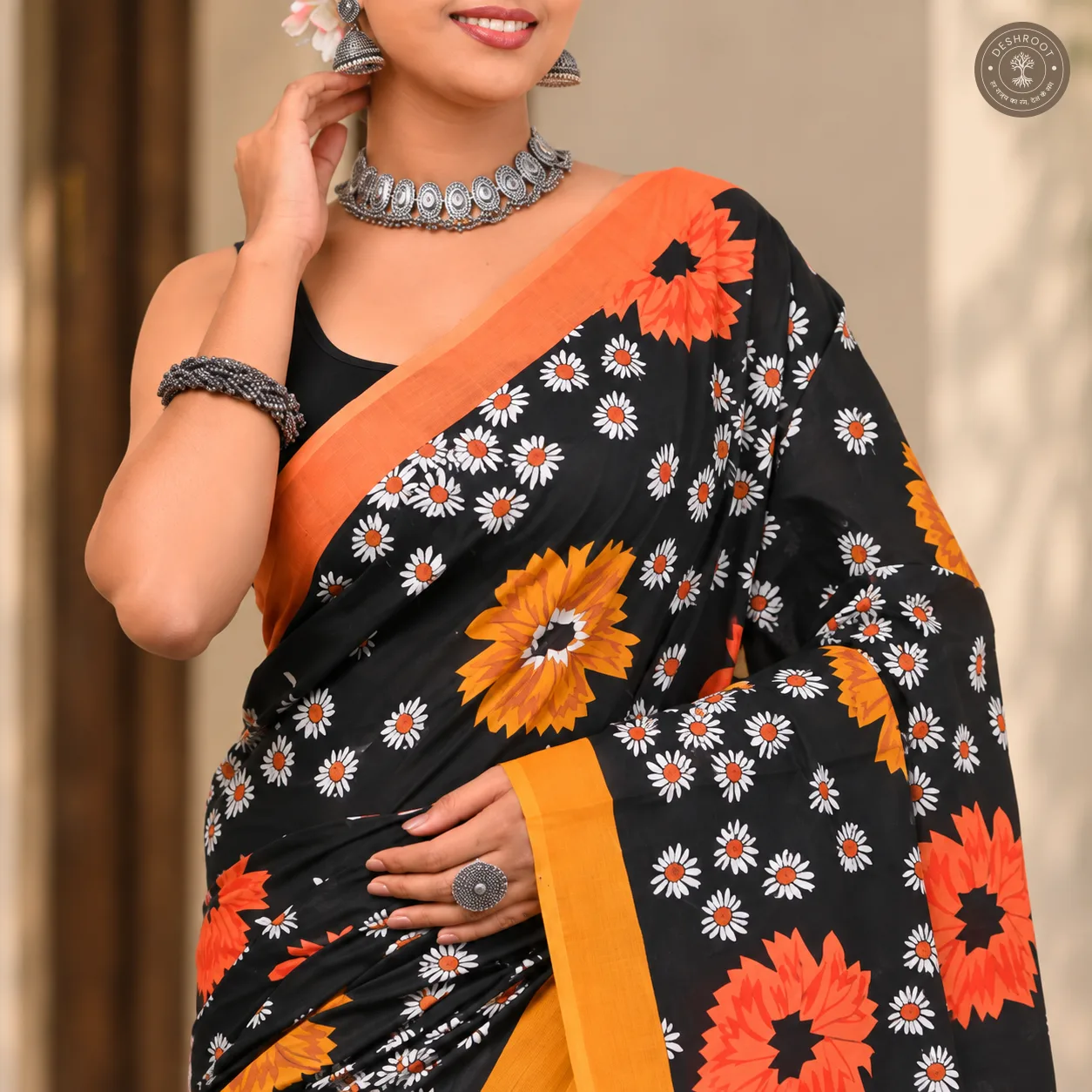 Sunburst Daisy Hand Block Printed Mal Cotton Saree