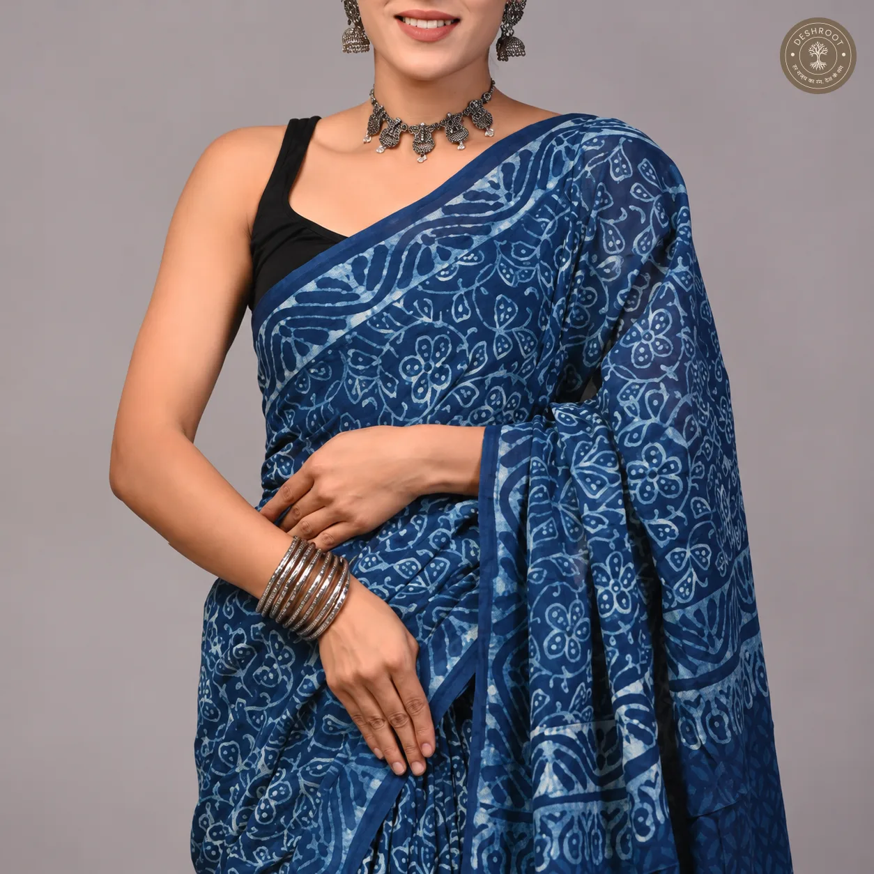 Neelvan Floral Hand Block Printed Mal Cotton Saree