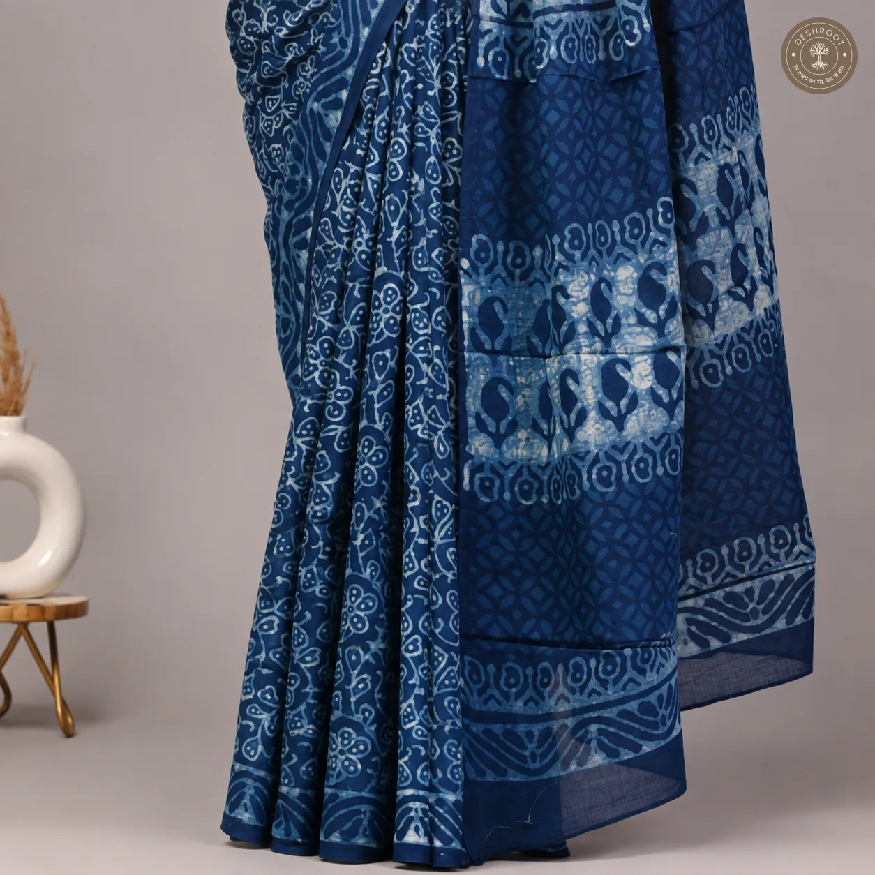 Neelvan Floral Hand Block Printed Mal Cotton Saree