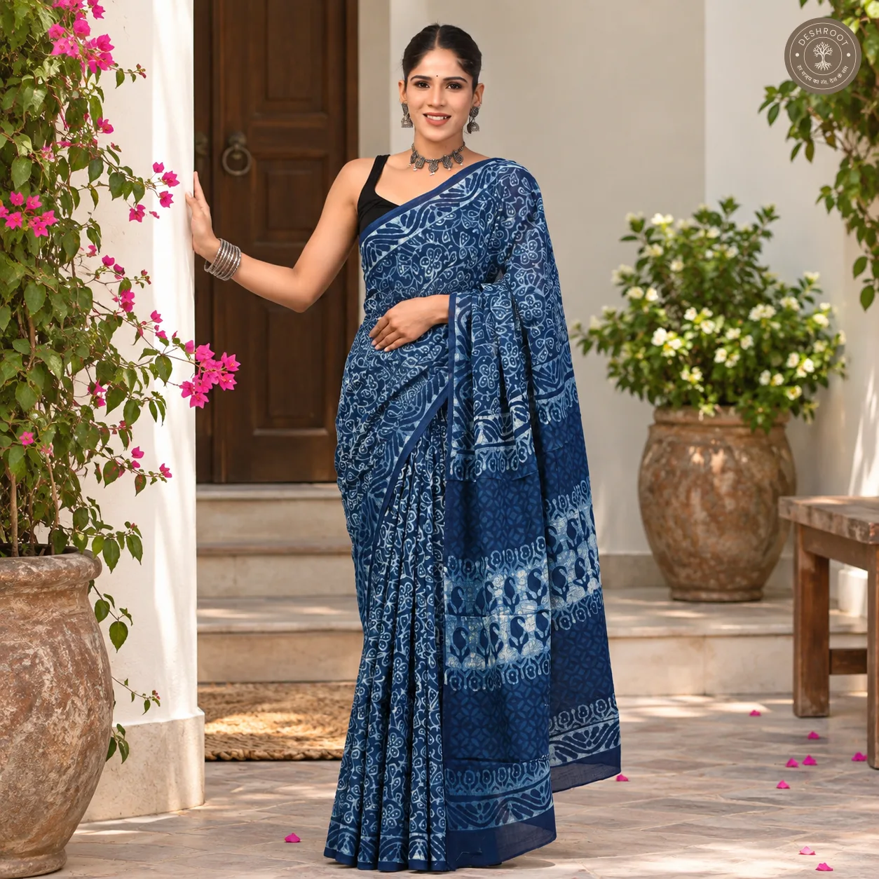Neelvan Floral Hand Block Printed Mal Cotton Saree