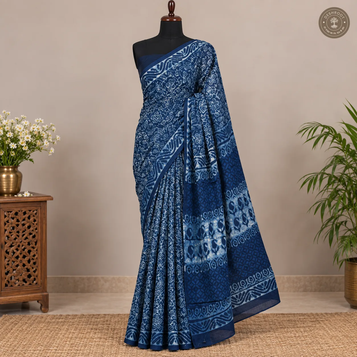 Neelvan Floral Hand Block Printed Mal Cotton Saree