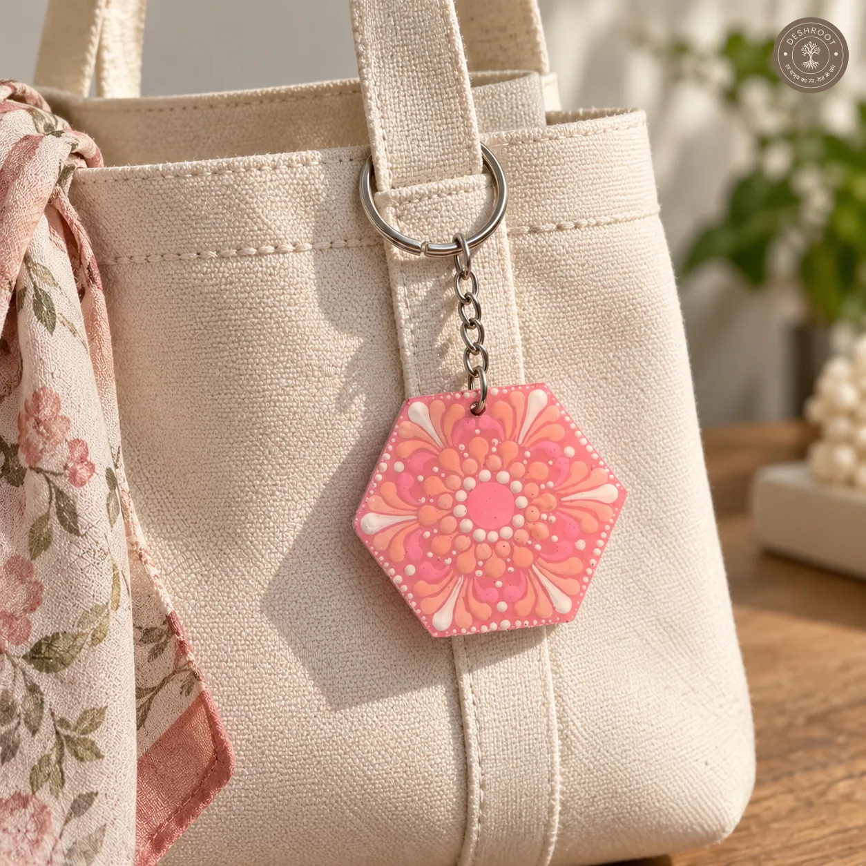 Blush Bloom Hand-Painted Mandala Resin Keychain