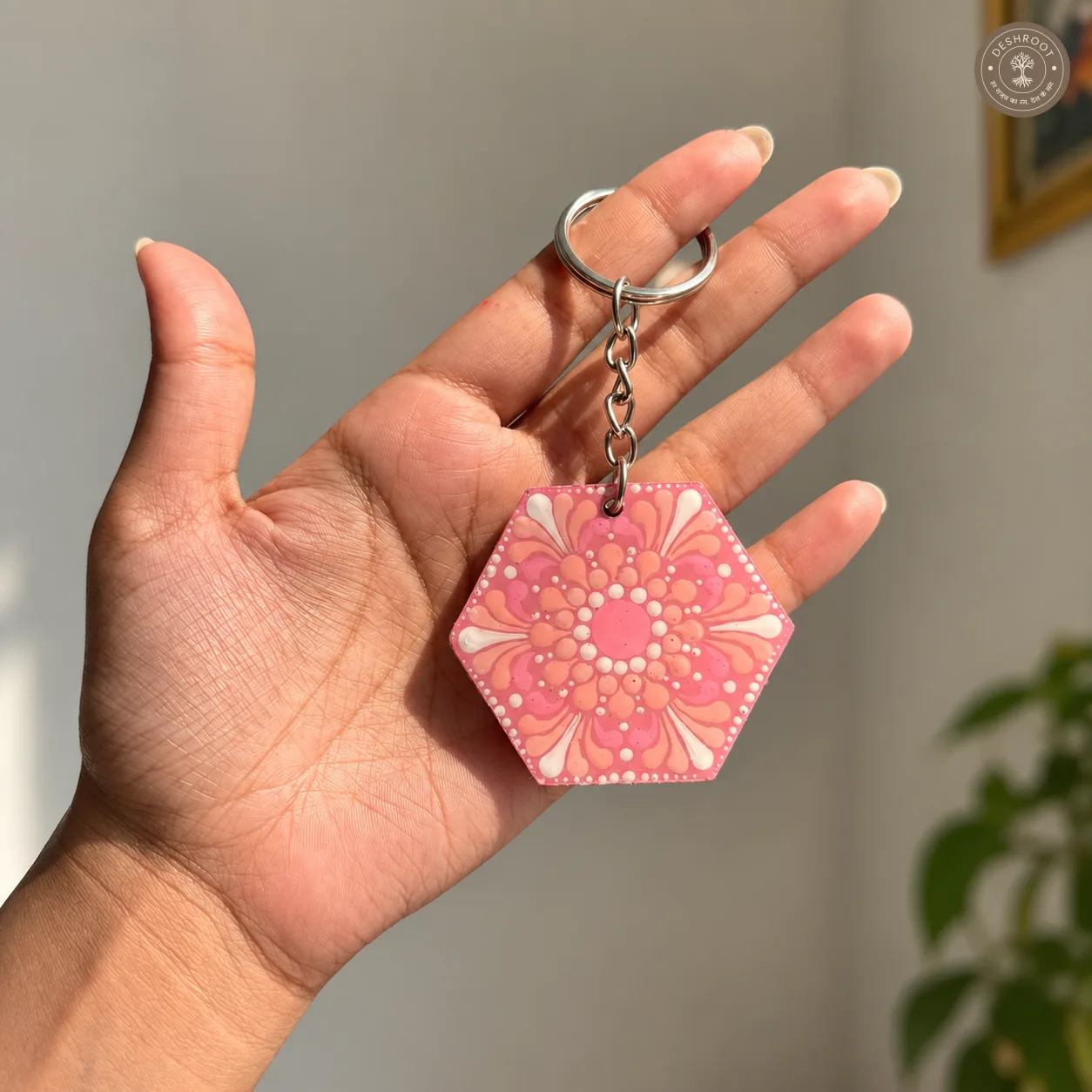 Blush Bloom Hand-Painted Mandala Resin Keychain