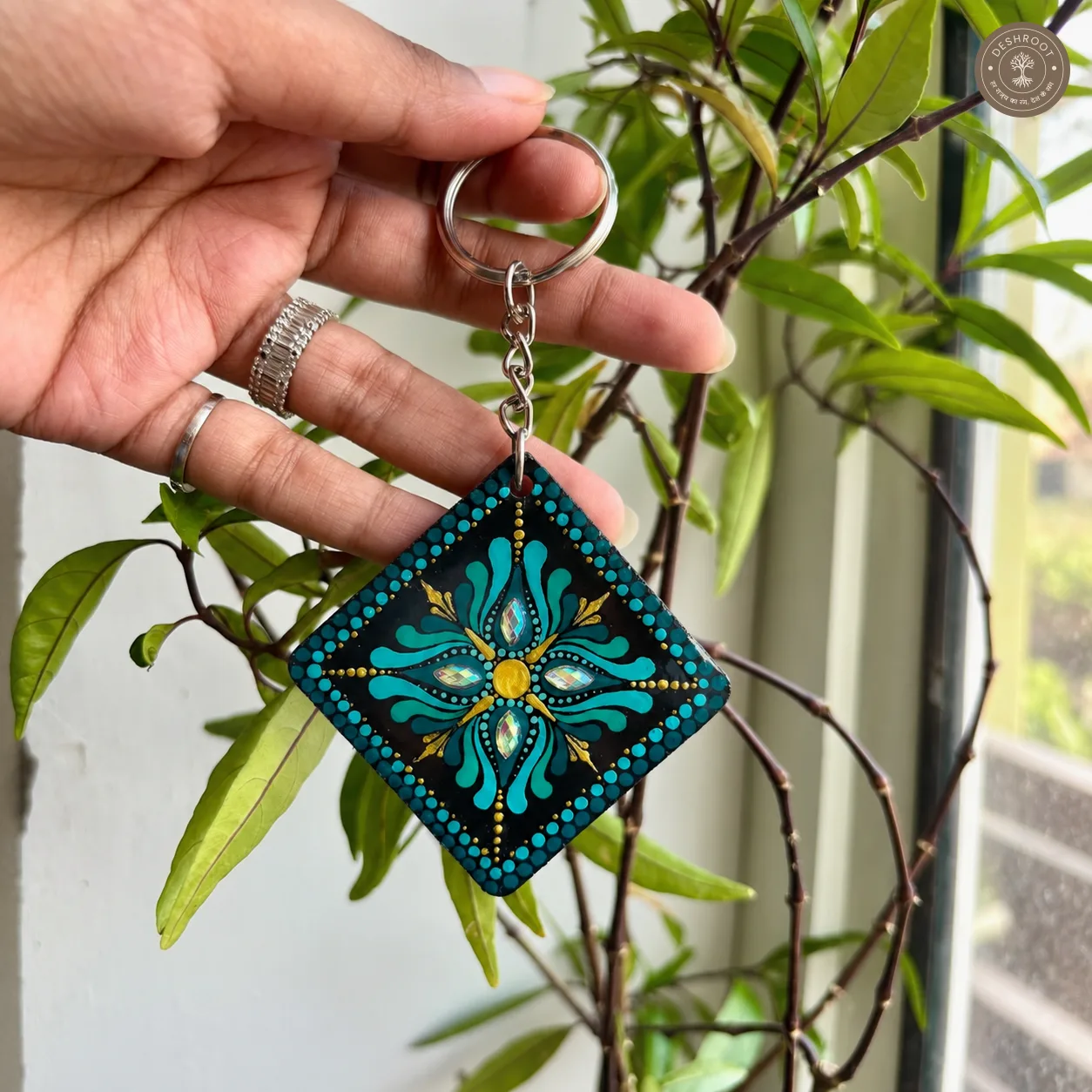 Teal Aura Hand-Painted Resin Mandala Keychain