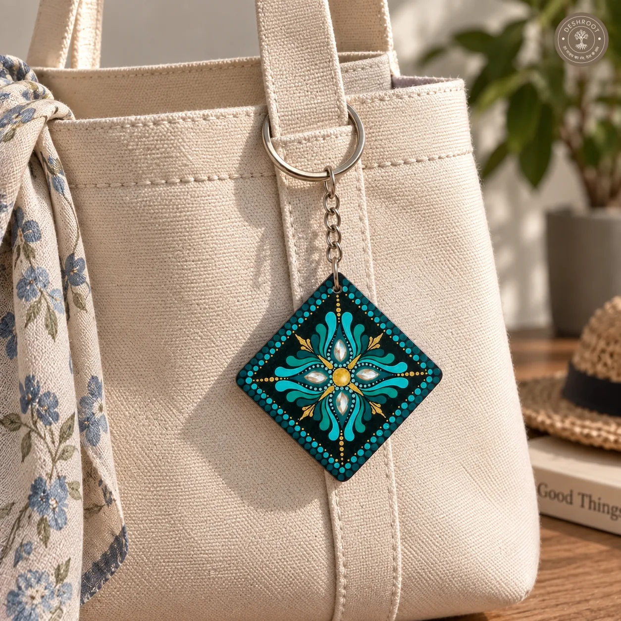 Teal Aura Hand-Painted Resin Mandala Keychain