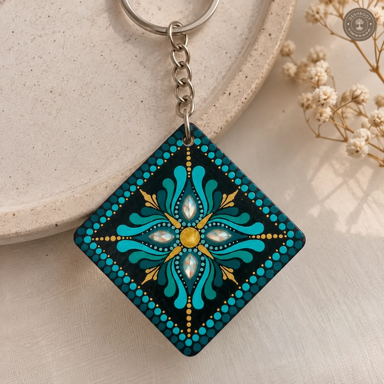 Teal Aura Hand-Painted Resin Mandala Keychain