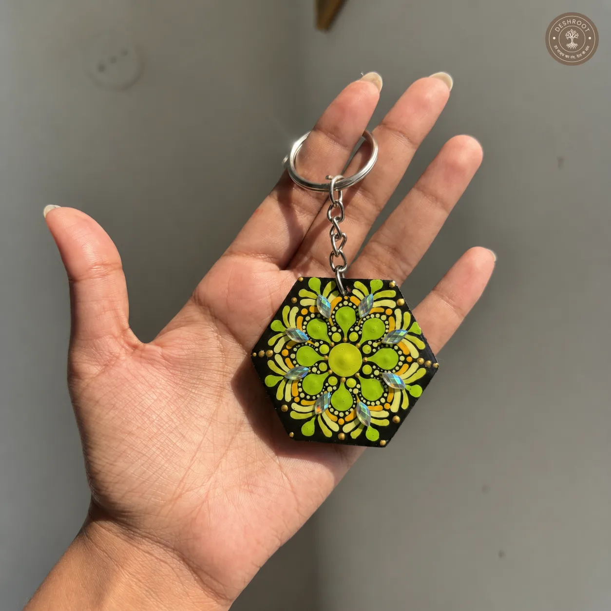 Lime Radiance Hand-Painted Resin Mandala Keychain