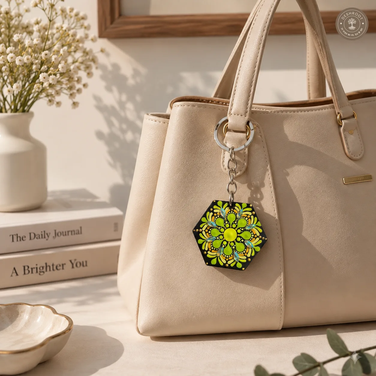 Lime Radiance Hand-Painted Resin Mandala Keychain