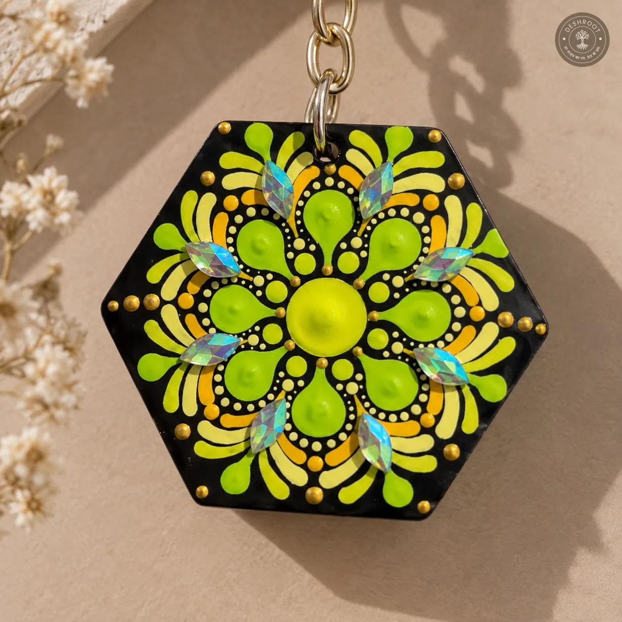 Lime Radiance Hand-Painted Resin Mandala Keychain