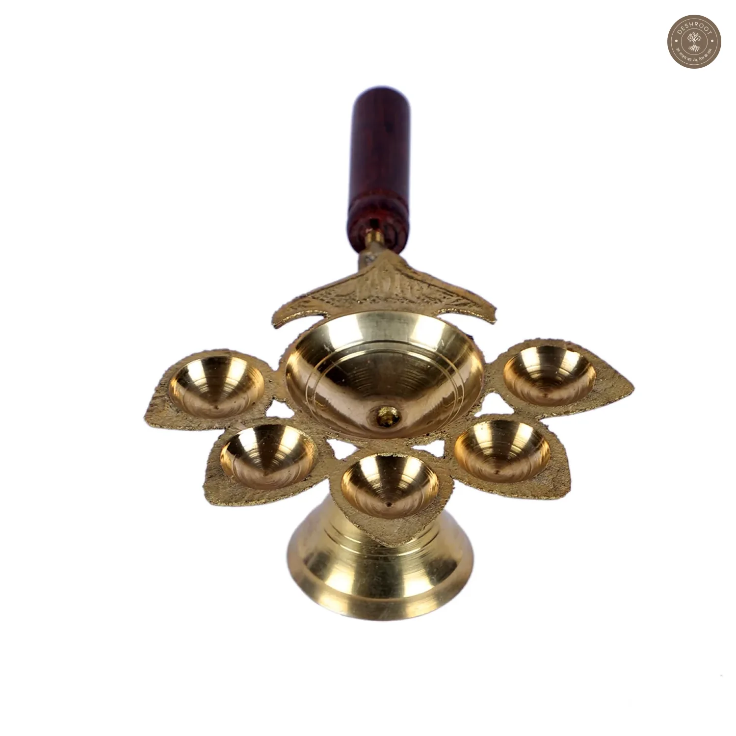Brass Panch Aarti with Wooden Handle