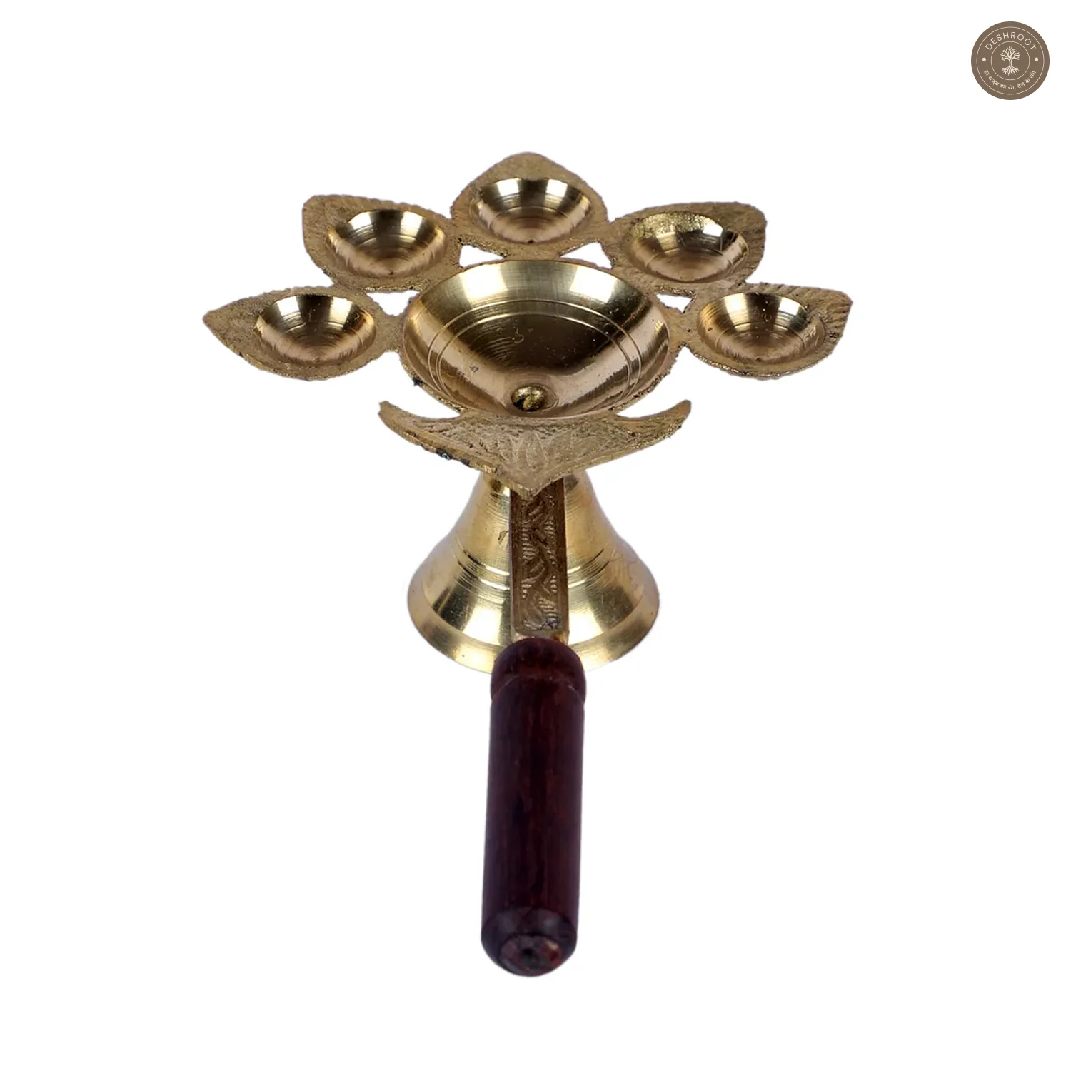 Brass Panch Aarti with Wooden Handle