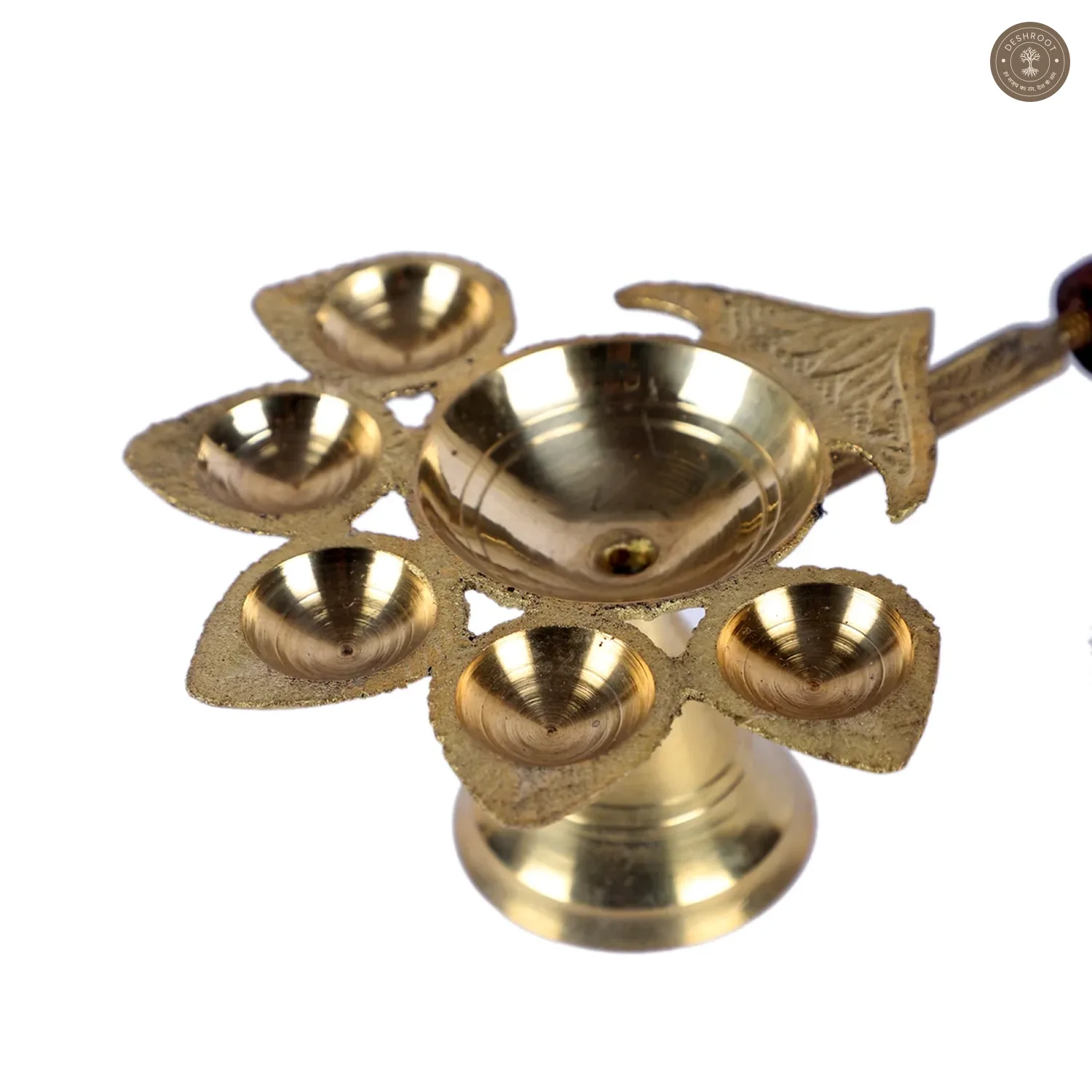 Brass Panch Aarti with Wooden Handle
