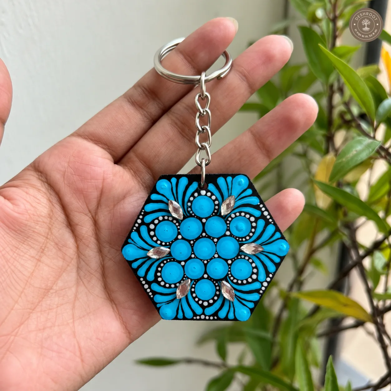 Azure Bloom Hand-Painted Resin Mandala Keychain