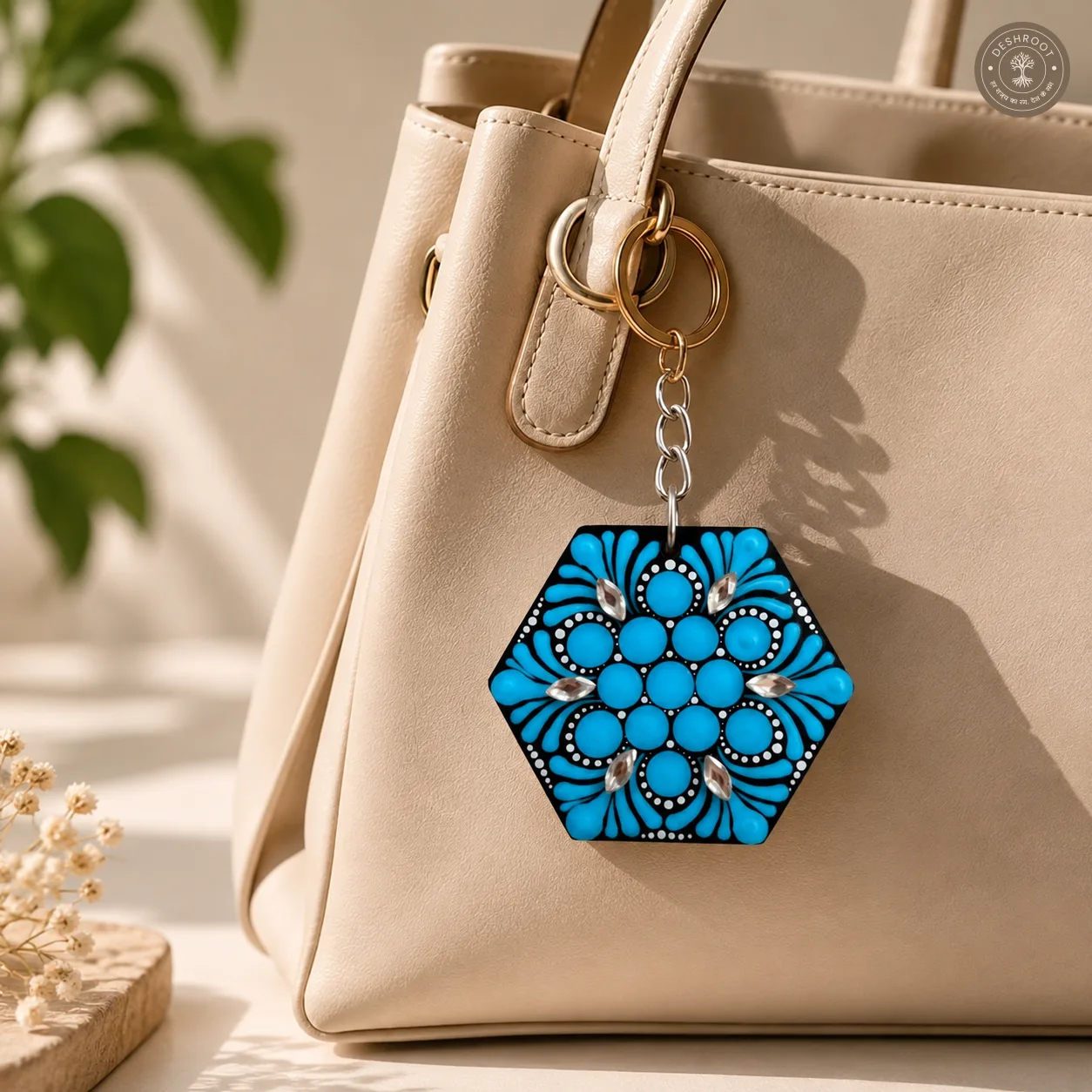 Azure Bloom Hand-Painted Resin Mandala Keychain