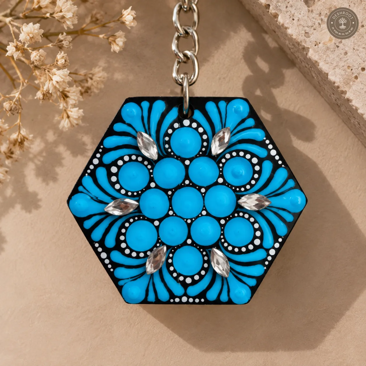 Azure Bloom Hand-Painted Resin Mandala Keychain