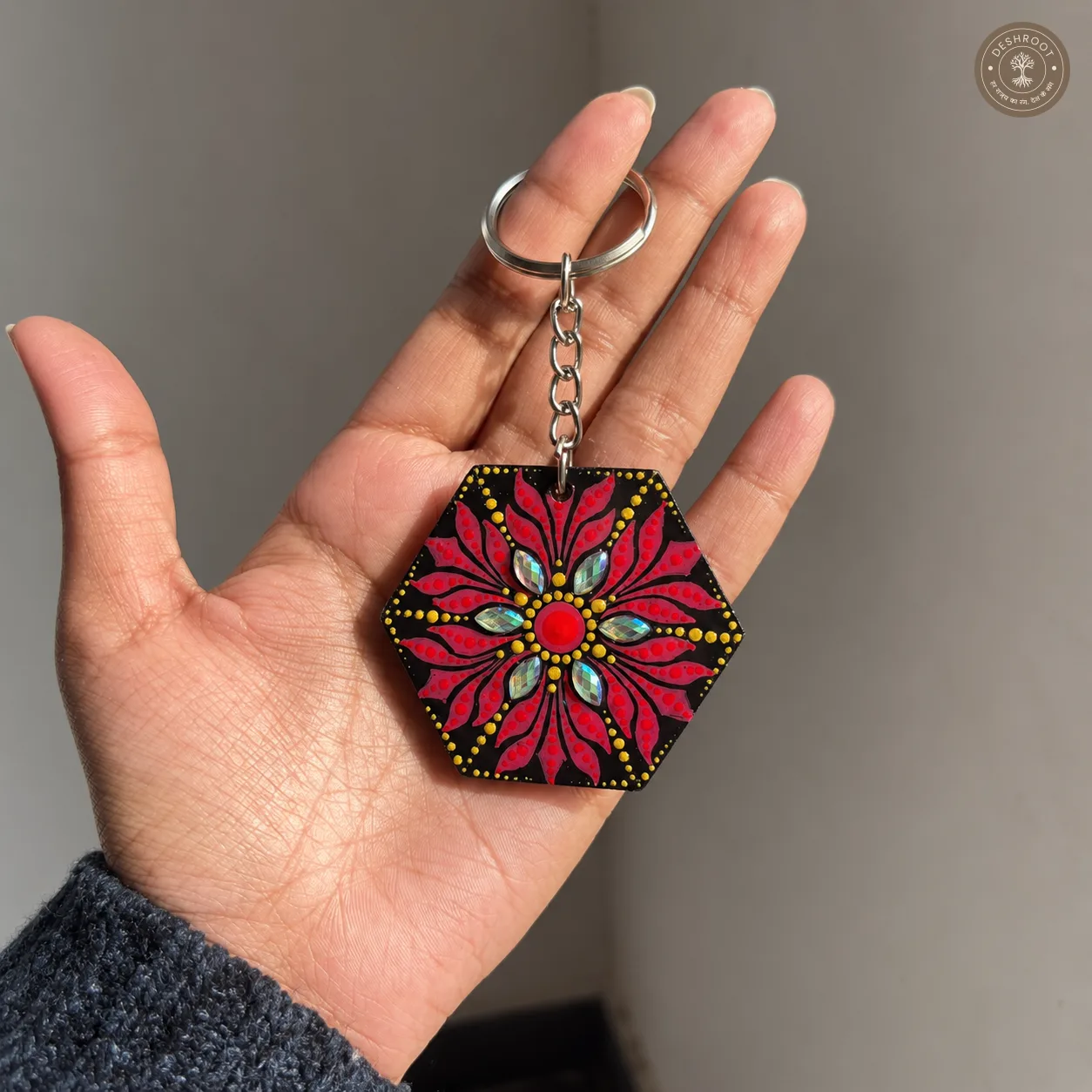Ruby Lotus Hand-Painted Resin Mandala Keychain