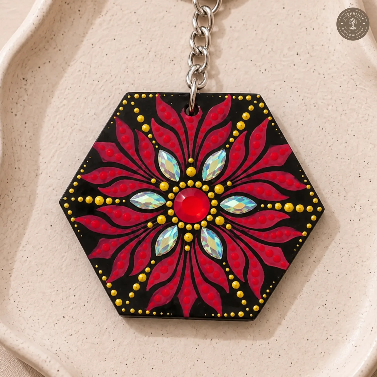 Ruby Lotus Hand-Painted Resin Mandala Keychain