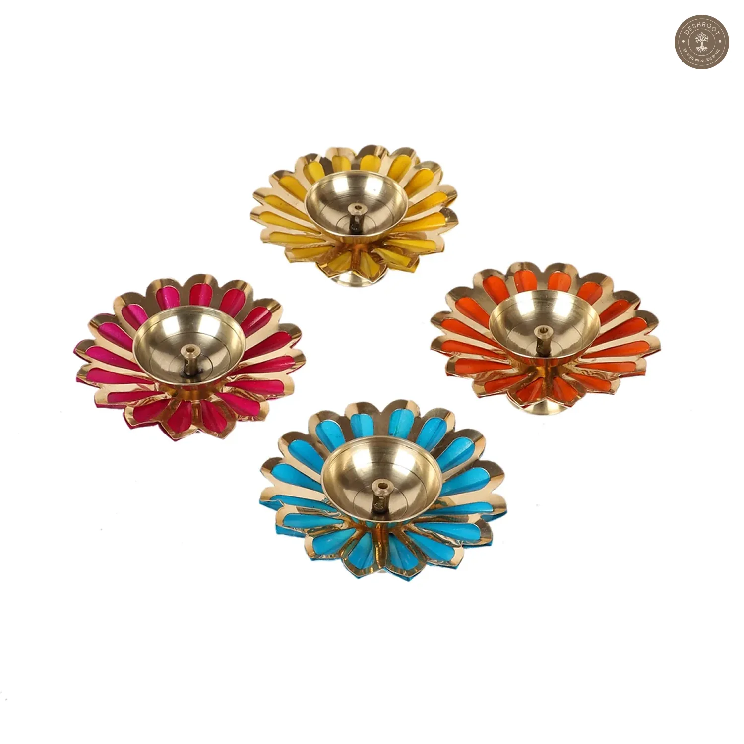 Colored Brass Akhand Dia Set of 4