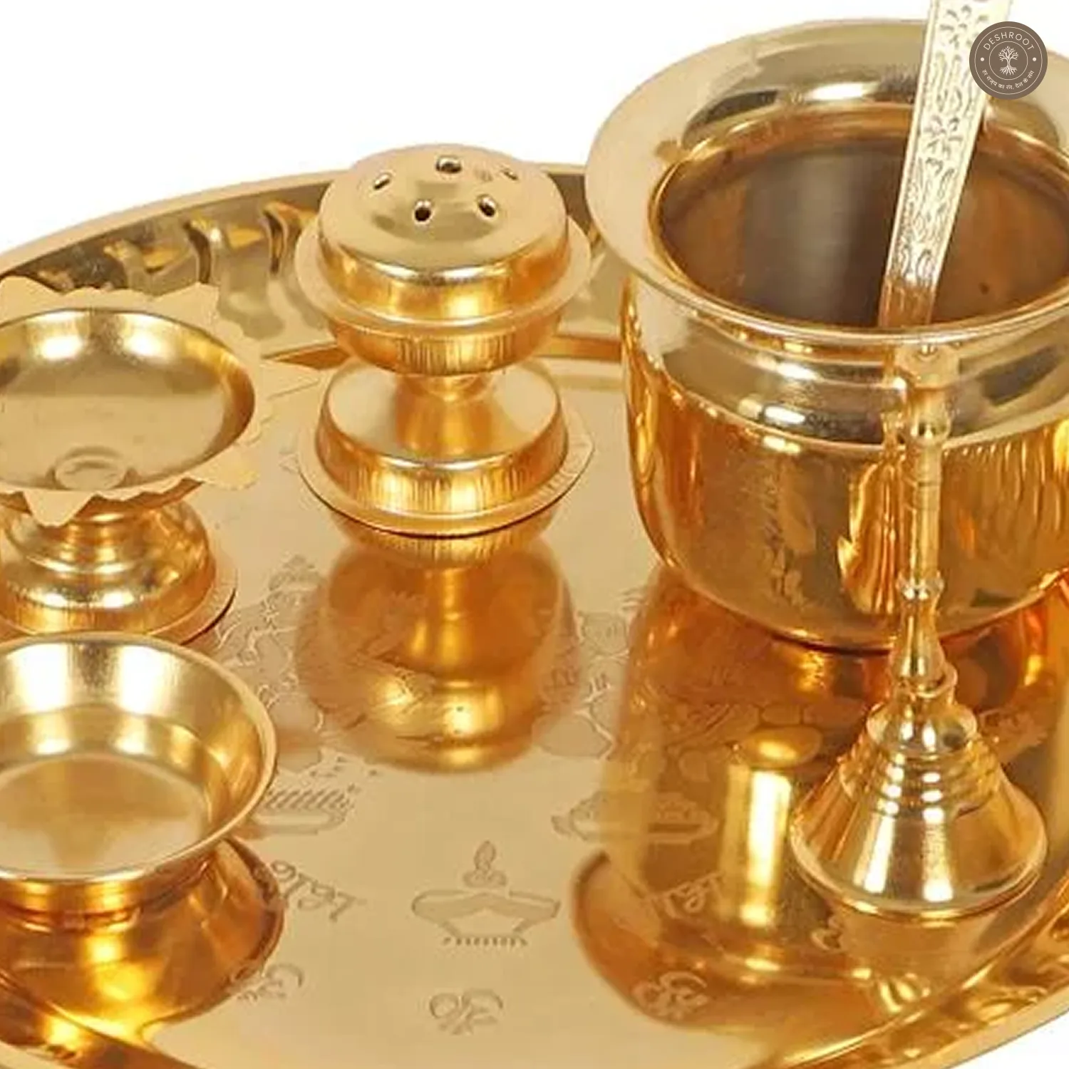 Gold Steel Pooja Thali With Velvet Box