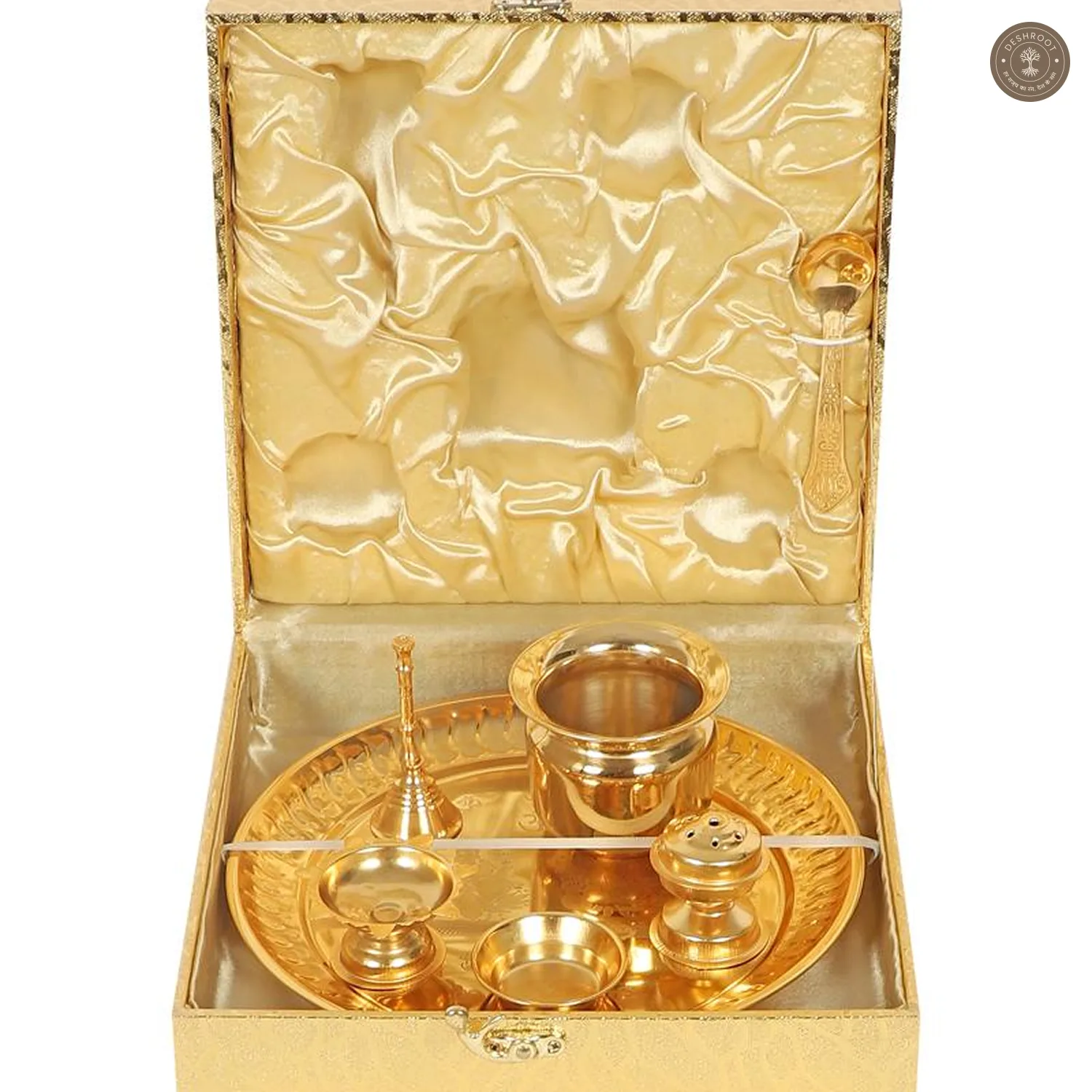 Gold Steel Pooja Thali With Velvet Box