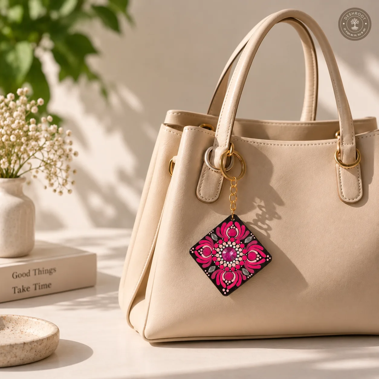 Pink Lotus Bloom Hand-Painted Resin Mandala Keychain