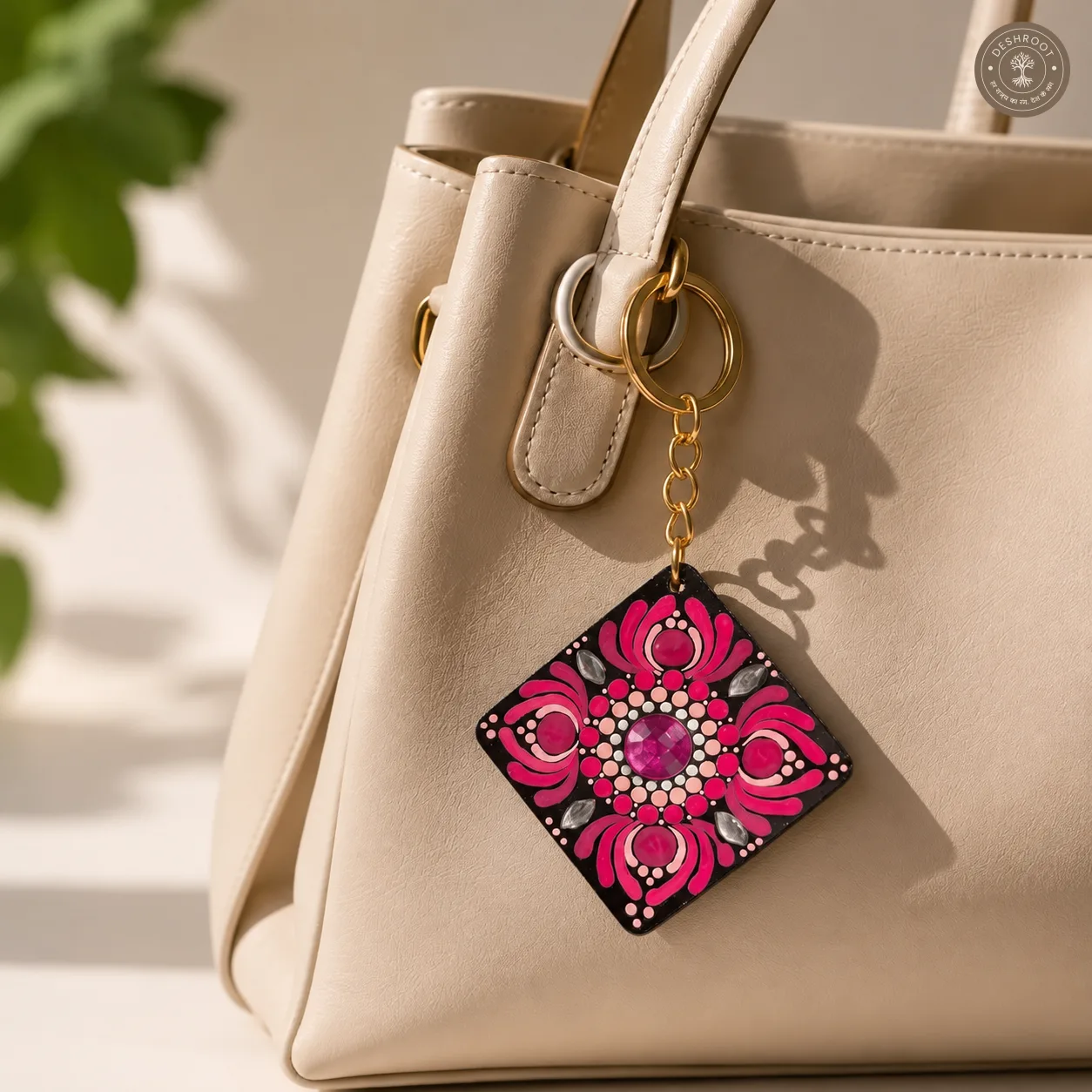 Pink Lotus Bloom Hand-Painted Resin Mandala Keychain